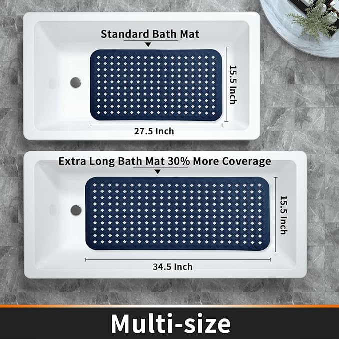 Yimobra Bathtub Mat Non Slip, Super Strong Suction Cups, 27.5"x15.5" Long Shower Mat with Drain Holes, Machine Washable Fast Draining Bath Mats, Bathroom Essentials,Navy Blue