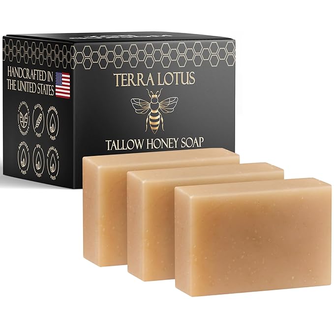 Organic Tallow Soap with Organic Castor Oil & Raw Honey - Relief for Dark Spots, Acne Marks, Hydrating & Nourishing - 3 Pack (Unscented)