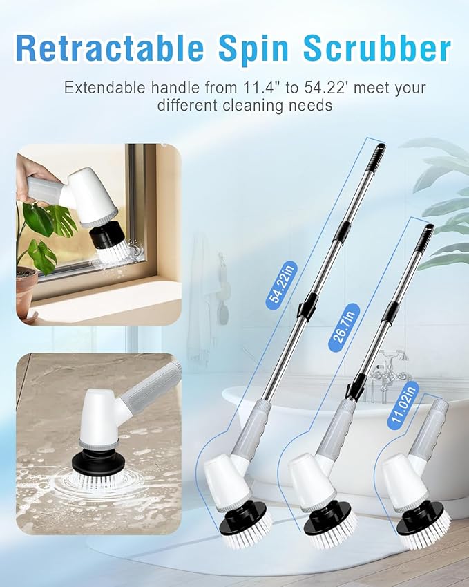 Electric Spin Scrubber Bathroom Scrubber - Cordless Shower Scrubber with Adjustable Handle, 2 Speeds, Bathroom Scrubber with 8 Replaceable Brush Heads, Power Scrubber for Bathroom Bathtub Cleaning