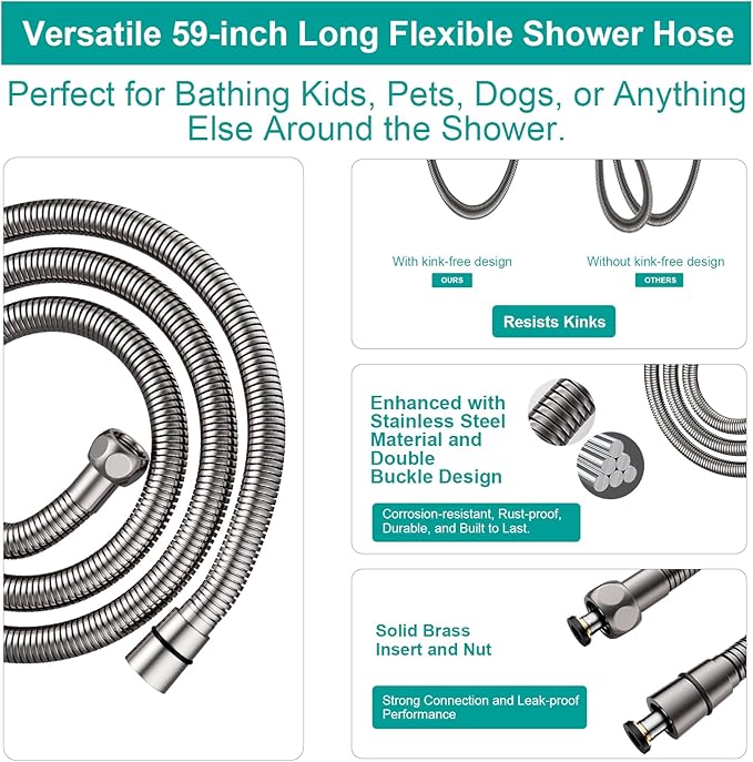 Shower Slide Bar Handheld Shower Head with Hose, 5-Function Hand Shower with Wall Mount，shower slide bar,adjustable height shower head (A-round, Brushed Nickel)