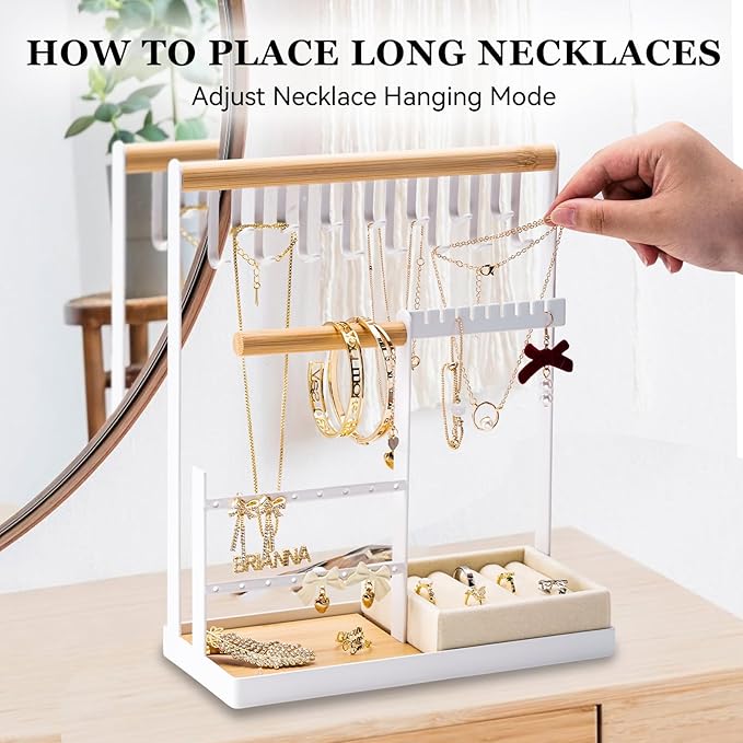 DreamGenius Jewelry Organizer Stand with Velvet Ring Holder, 4 Tier Jewelry Holder Organizer with 15 Hooks for Necklaces and 16 Holes for Earrings, White