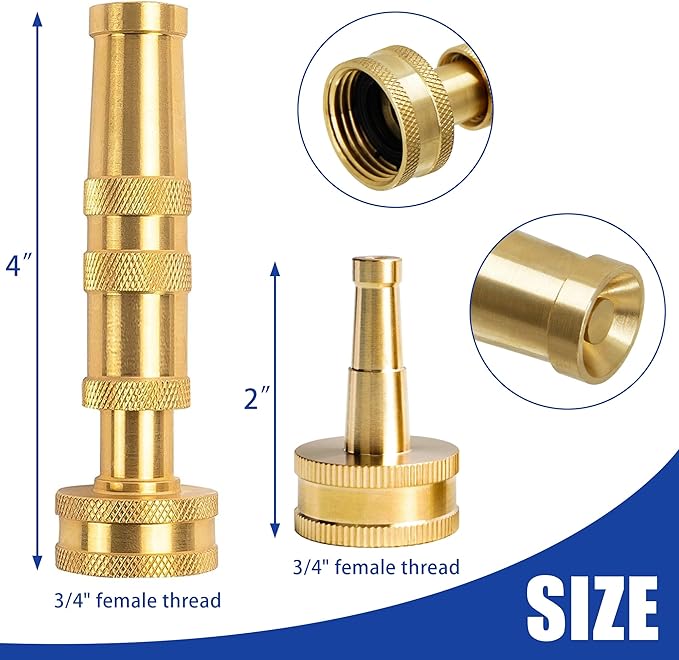 Hourleey 4" Adjustable Twist Hose Nozzle, 2" Heavy-Duty Brass 3/4" GHT Hose Nozzle Jet with 2 Garden Hose Rubber Washers (Nozzle Twist and Nozzle Jet)