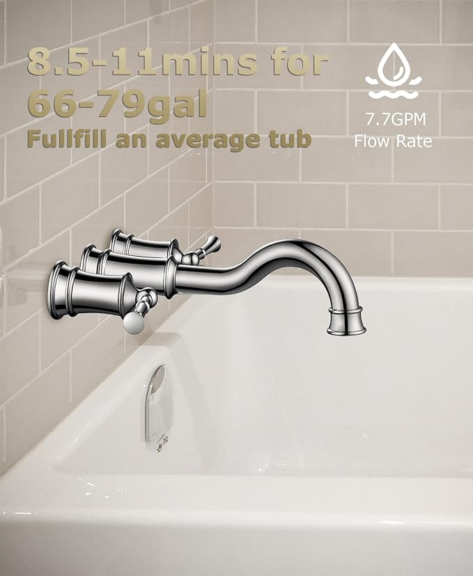 Roman Bathtub Faucet Wall Mount Widespread Tub Filler with Rough-in Valve 3 Holes 2 Lever Handle Elegant Classic Spout for Bathroom, Chrome