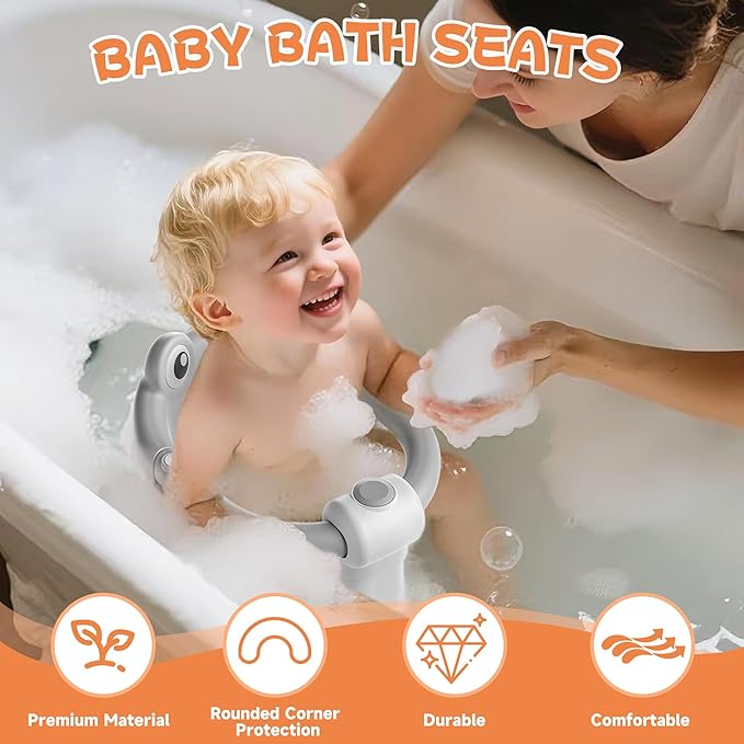 Baby Bath Seat for Babies 6 Months & Up - Toddler Bath Seats for Baby Sitting Up with 4 Suction Cups & Soft Cushion, Non-Slip Infants Shower Bathtub Chair for Newborn Boys Girls, Gray