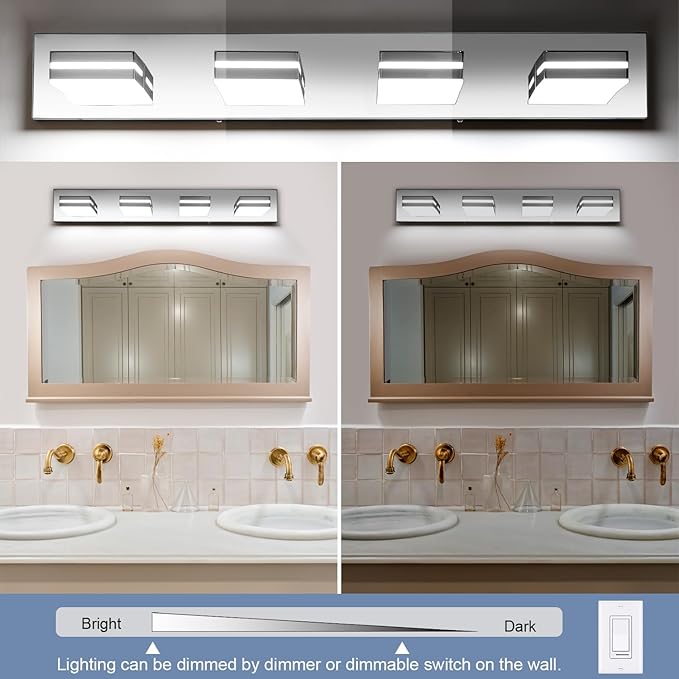 SineRise LED Modern Bathroom Vanity Light Fixtures (4-Light, 30-Inch, Dimmable), Chrome Modern Acrylic Bathroom Wall Lighting Fixtures Over Mirror (Cool White 6000K)