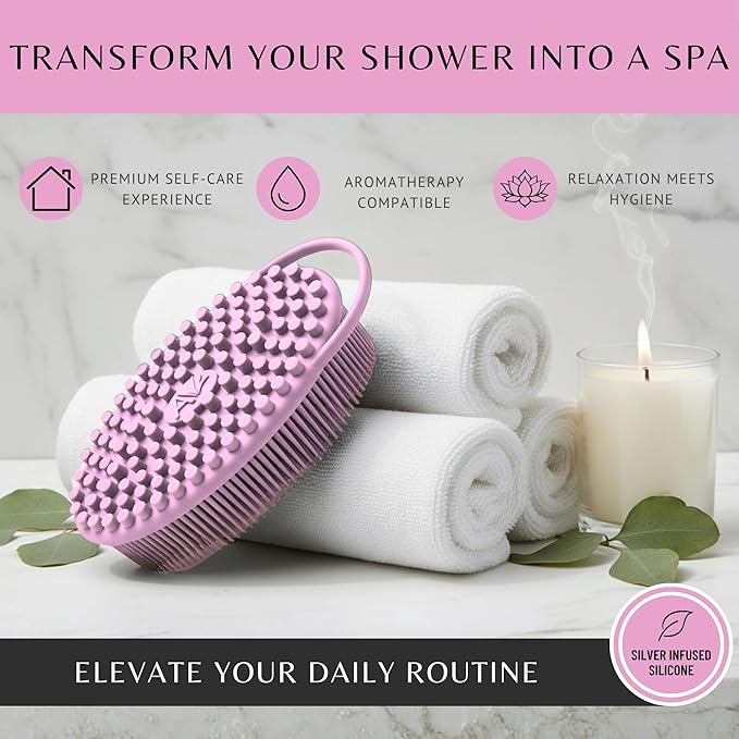 Silver Infused Silicone Body Scrubber Shower - Gentle Back Scrubber Soft Bristles - Avilana Premium Dual Sided Bath Brush Massage - Advanced Material Loofah Alternative - Gift Women Men