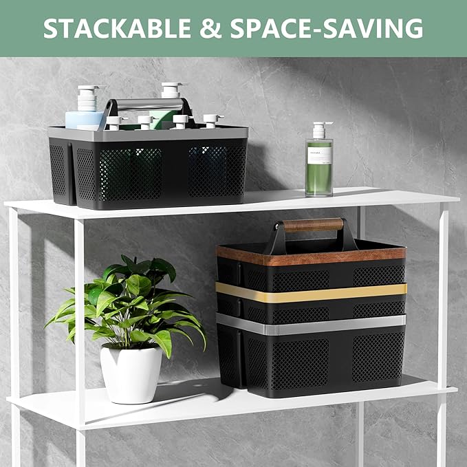 Black Shower Caddy Portable: Plastic Bathroom Caddy Organizer with Handle and Holes, Cleaning Caddy, Hard Shower Basket Storage Tote for Toiletry, College Dorm Room Essentials for Men