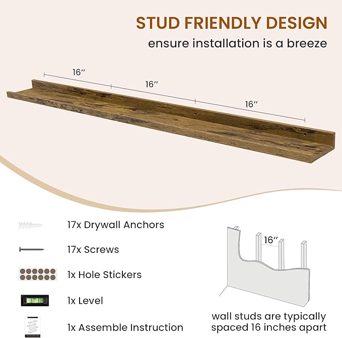 Axeman Picture Ledge Shelf, Floating Shelves for Wall Decor Set of 6, 55 inch Floating Wall Mounted Shelves, Shelves with Lip for Living Room, Bedroom, Nursery, Bathroom, Kitchen, Rustic Brown