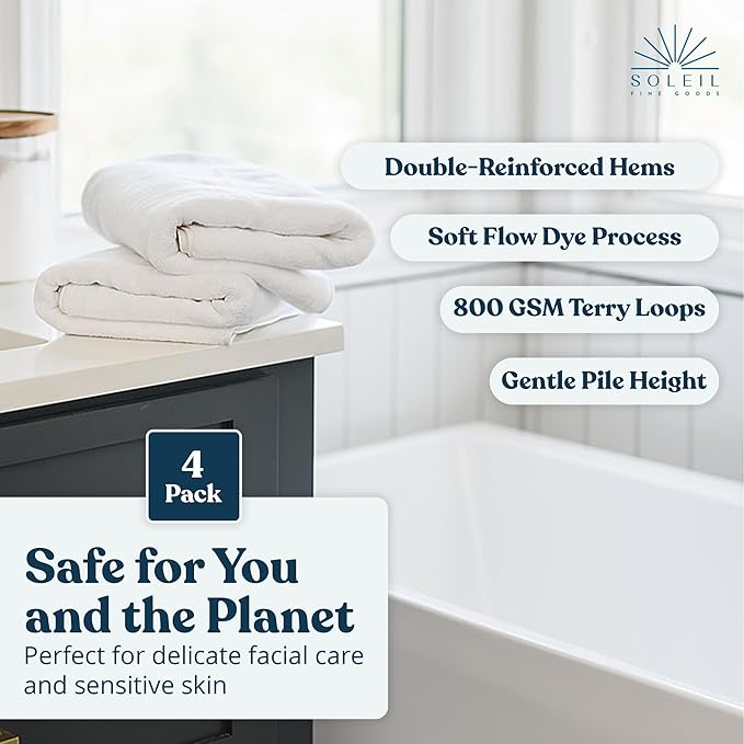 Soleil Fine Goods Luxurious 800 GSM 100% Cotton Bath Towel Set (4-Pack, 27x54) - Heavyweight & Ultra Absorbent, Plush Softness for Bathroom | Hotel & Spa Quality Luxury Towels- White
