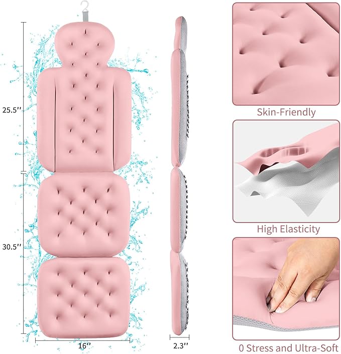Bath Cushion, Full Body Bathtub Pillow with 160 Suction Cups, Bath Mat for Head and Neck Support, with Laundry Bag (Light Pink, 56.2" x 16.2")