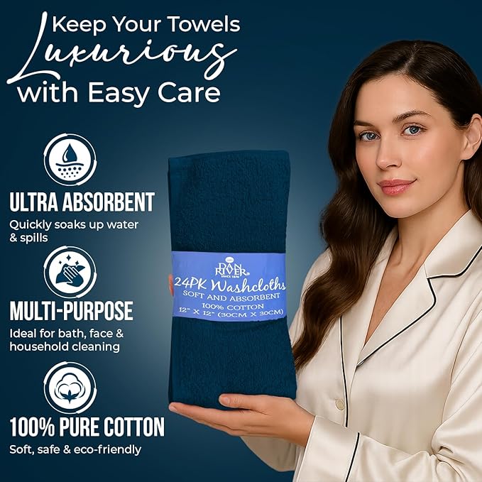 DAN RIVER 24 Pack Wash Cloths for Showering [12x12] - 100% Cotton Washcloths Premium Quality Flannel Face Cloths for Bathroom, Highly Absorbent and Soft Feel Wash Clothes, Blue Opal