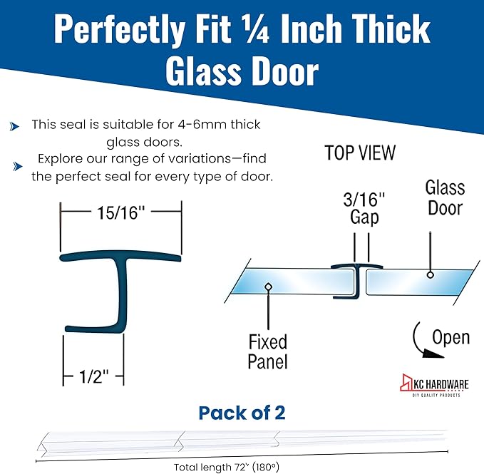 Frameless Shower Door Side Seal Strip H-Type 180 Degree 72'' Length, Clear (2, 1/4'' Glass)