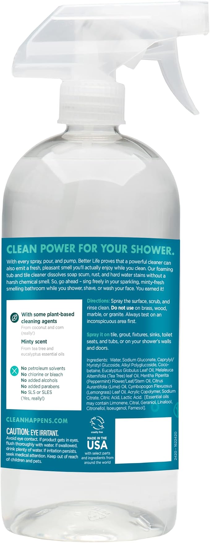 BETTER LIFE Bathroom Cleaner - Tea Tree Bathtub & Shower Cleaner Spray for Glass and Tile - Foaming Mold and Mildew Remover for Tub Works on Hard Water Stains - 32oz, Pack of 1