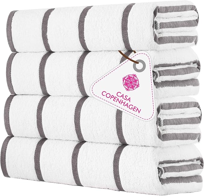 CASA COPENHAGEN Cabana Beach Towel Designed in Denmark Rough and Tough, Quick Dry, Pool, Bath & Shower 30x60 inches 4 Pieces Cotton Beach Bath Towels Set - White Grey Stripe