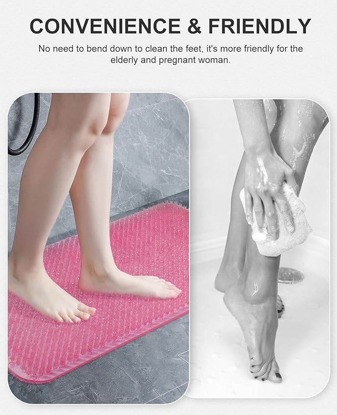 OTHWAY Non Slip Grassy Bathtub Mat : 25.6X13.4 inches Sturdy But Soft Bath Mat_Quick Drain Shower Floor Mat with Soft Bristles for Scrubbing Feet (Clear Pink)