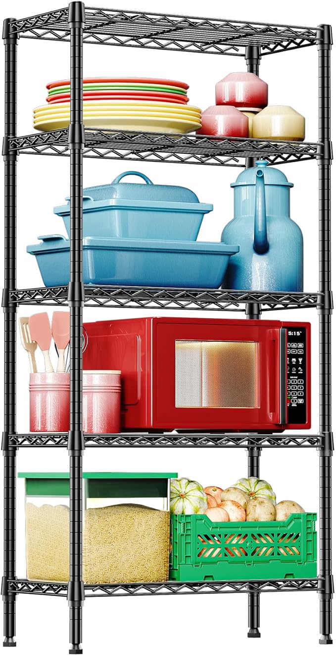 IZEUK 5-Tier Black Metal Storage Shelves, Heavy Duty Wire Shelving Unit for Home, Kitchen, Office, or Garage Organization, 1250 lbs Capacity, 13.8" D x 29.5" W x 59.5" H
