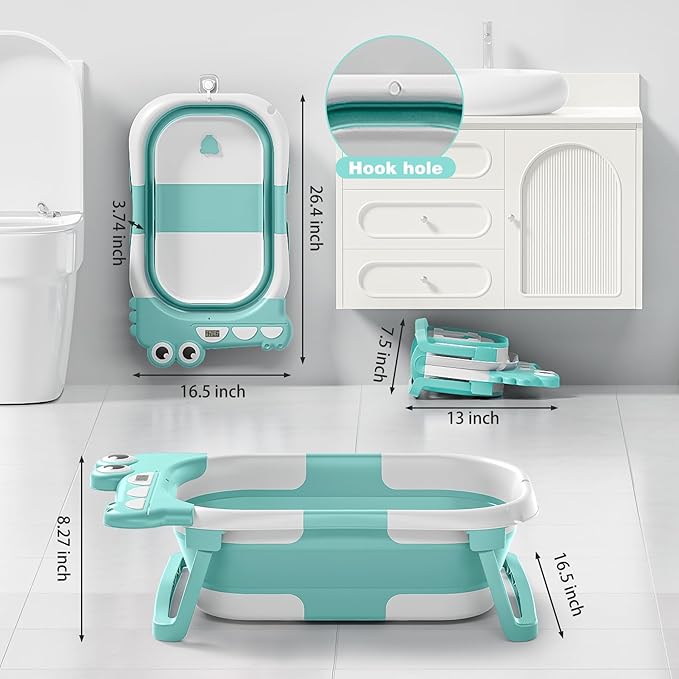 Collapsible Baby Bathtub for Newborn with Thermometer & 1 Soft Floating Cushion & Drain Hole, Foldable & Portable Travel Baby Bath Tub for Newborns to Toddlers 0-36 Months Boys, Cyan