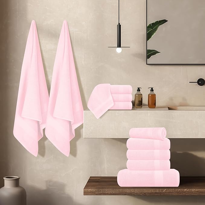 GLAMBURG Ultra Soft 24-Piece Towel Set - 100% Pure Ringspun Cotton, Contains 8 Oversized Bath Towels 27x54, 8 Hand Towels 16x28, 8 Wash Cloths 13x13 - Ideal for Everyday use, Hotel & Spa - Pink