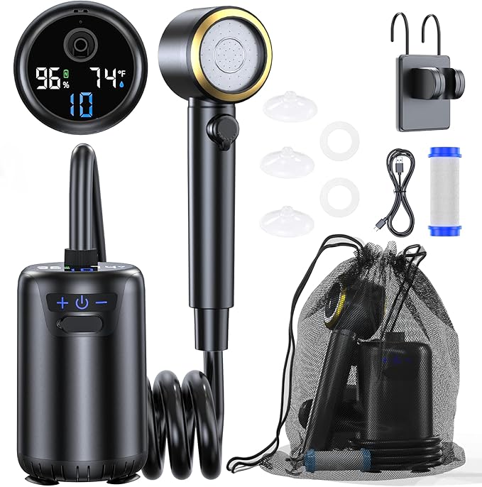 Portable Shower for Camping,8000mAh Rechargeable Camping Shower with 10 Spray Modes,Fahrenheit Display, IPX8 Waterproof Outdoor Camp Pump for Hiking, Travel, Car, Pet, Plants,Surf & Boat Cleaning