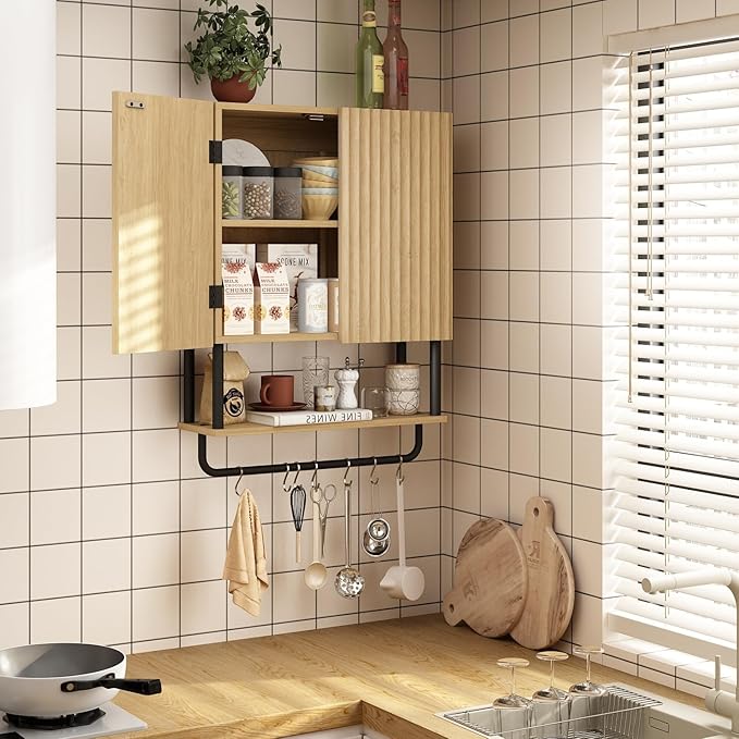 RUSTOWN Fluted Bathroom Wall Cabinet with 2 Doors, 3-Tier Modern Farmhouse Medicine Cabinet, Over The Toilet Storage Cabinet with Adjustable Shelf and Towel Bar (Natural, Medium)