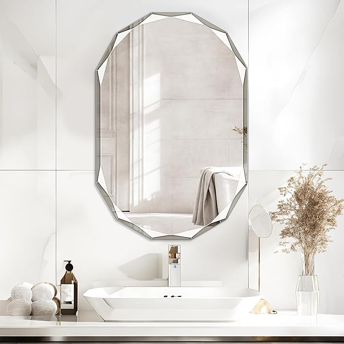 Bathroom Mirror for Wall, 20" x 30" Oval Mirror, Bathroom Vanity Mirror, Beveled Edge Frameless Wall Mount Vanity Mirrors, Wall Mirrors Decorative, Irregular Beveled Edge Mirror