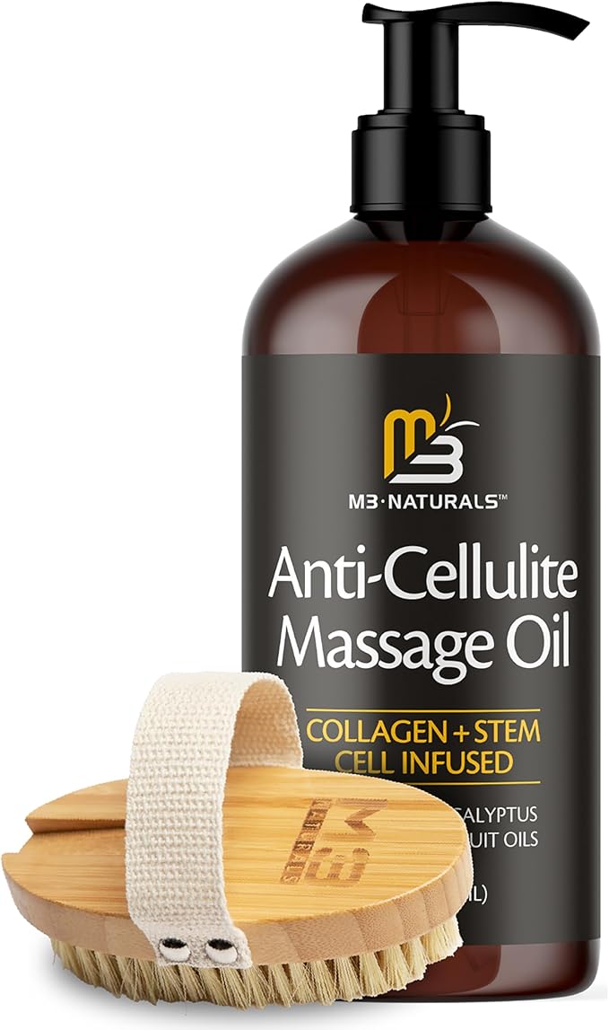 Anti Cellulite Massage Oil and Firm Dry Brush Kit | Collagen & Stem Cell Skin Tightening Kit | Radiant Body Care Kit for Women by M3 Naturals