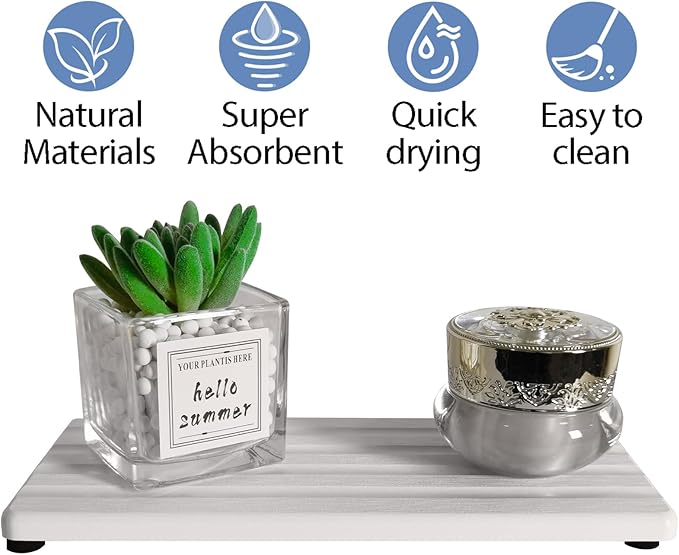 Diatomite Soap Dish, Water Absorbing Stone Tray, Kitchen Sink Organizer, Fast Drying Counter Holder (White, 9.5" x 4.7"/24 x 12cm)