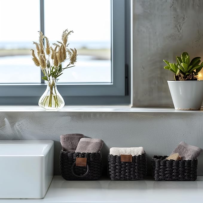 LA JOLIE MUSE Small Wicker Baskets for Organizing, Recycled Paper Rope Storage Basket Container Bins for Shelves Bathroom Cupboards Drawer, Decorative Square Basket Organizer Set of 3, Black