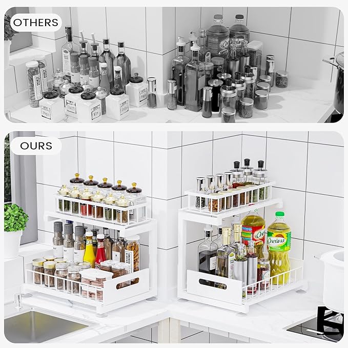 2 Pack Under Sink Organizer, Heavy Duty Metal Slide Out Sink Shelf Organizer Height Adjustable, Multi-Purpose Storage Shelf for Kitchen Bathroom (White,2Pack)