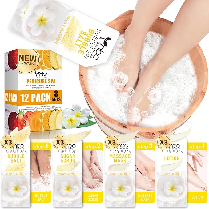 Pedicure Kit Foot Soak Set: Bubble Salt, Sugar Scrub, Massage Mask, Massage Lotion in a Box, 4 Step Foot Spa Kit for Dry Feet, Calluses and Tired Feet(3 Set Milky Flower)
