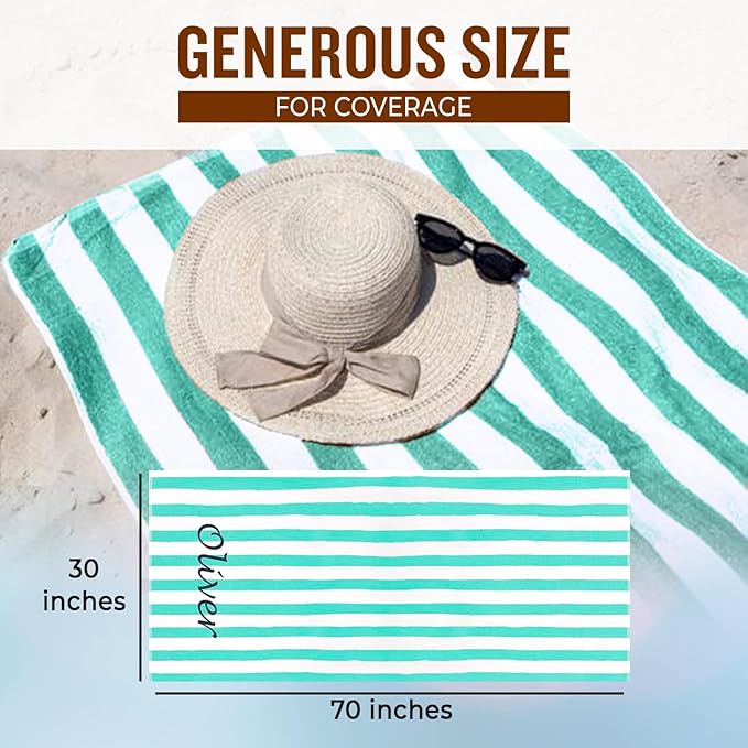 Personalized Passion Beach Towels for Adults - Custom Pool Towels with Name - Highly Absorbent Cotton - Striped Design for Women & Men - Large 70x30 Bath Sheet for Hotel, Swim & Camping - Green