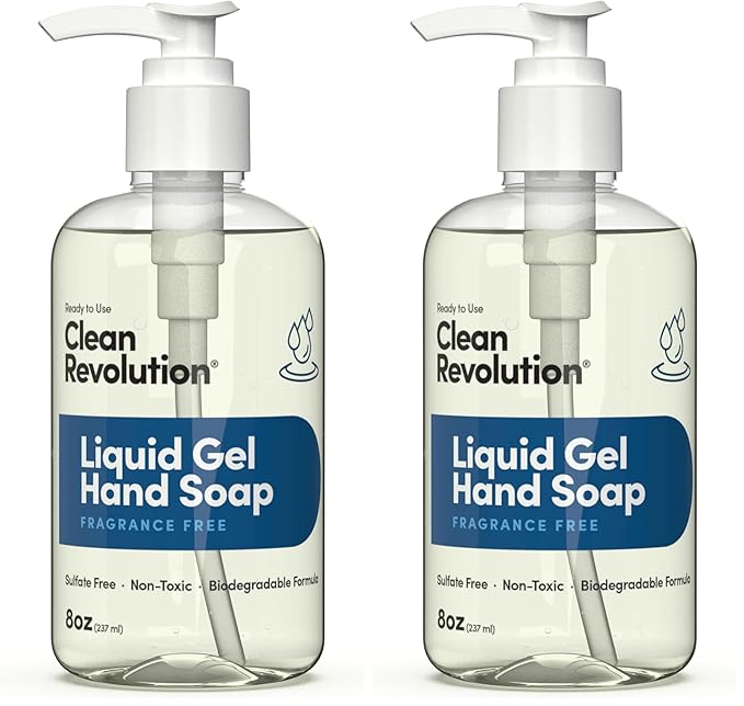 Clean Revolution Liquid Gel Hand Soap, Silky Rich Liquid, Quick Lather, Fast Rinsing (Fragrance Free) 8 Fl Oz (Pack of 2)