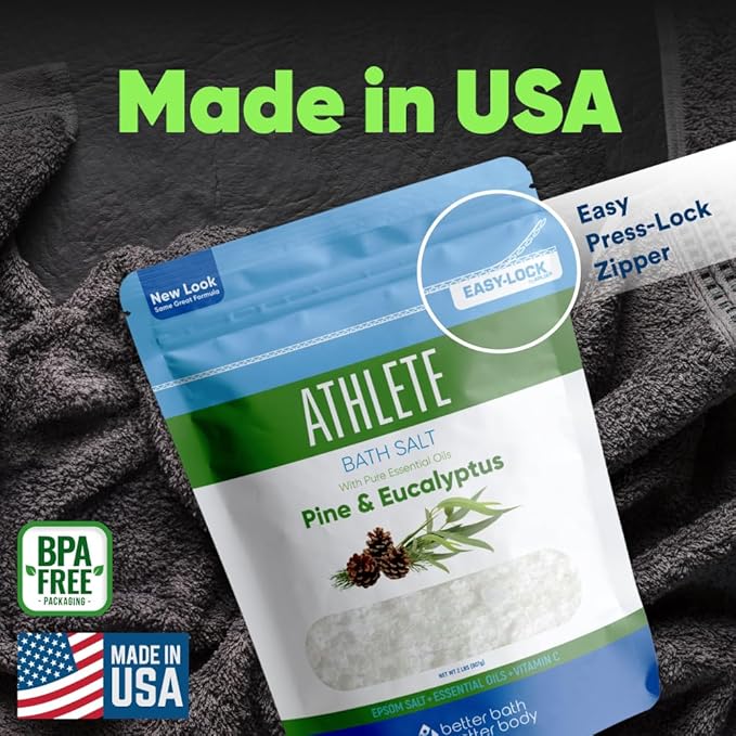 Athlete Bath Salt 32 Ounces Epsom Salt with Natural Lavender, Pine, Peppermint and Eucalyptus Essential Oils Plus Vitamin C in BPA Free Pouch with Easy Press-Lock Seal