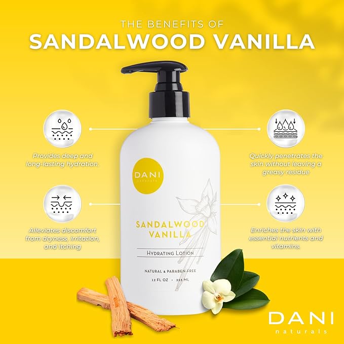 DANI Naturals Hand & Body Lotion - Warm Sandalwood Vanilla Scented Aromatherapy Moisturizer, Deep Hydration for Dry & Dull Skin with Shea Butter, Aloe Vera, & Vitamin E, Cruelty-Free & Vegan, 12 Oz