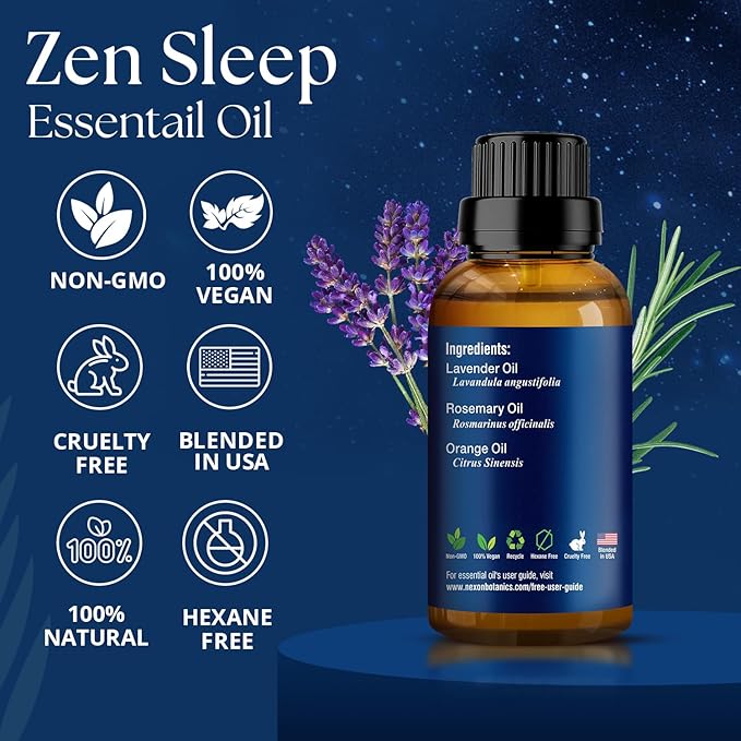 Zen Sleep Essential Oil Blend 30 ml - Lavender & Rosemary Relaxing Oil for Diffusers & Humidifiers - Calming Aromatherapy for Peaceful Sleep - Nexon Botanics