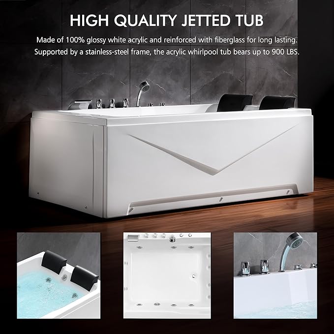 Empava 71" two Person Acrylic Whirlpool Bathtub with 16 Hydro-Massage Jets & Chromotherapy Rectangular Alcove Jetted Soaking Tub, Acrylic SPA Bath Tub, ETL Certified Waterfall Faucet, White