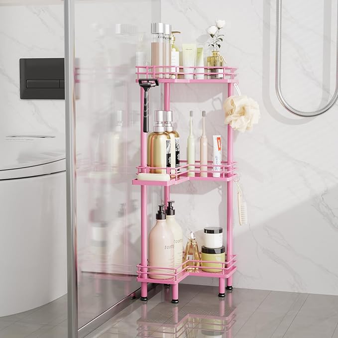 Consumest Corner Shower Caddy Standing - 3-Tier Stainless Steel Shower Organizer with Soap Holder and 4 Hooks, Large Capacity Corner Shelf Stand for Bathroom, Rest Room, Pink