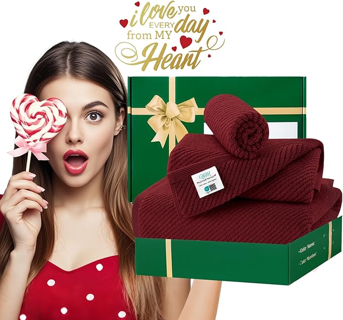 VOOVA & MOVAS 3 Piece Towel Set - 100% Cotton | Quick Dry | Soft | Thick,1 Large Bath 30" x 56", 1 Hand 18" x 28", 1 Wash Cloth 13" x 13", Towels for Bathroom, Bathroom Towels Gift, Burgundy