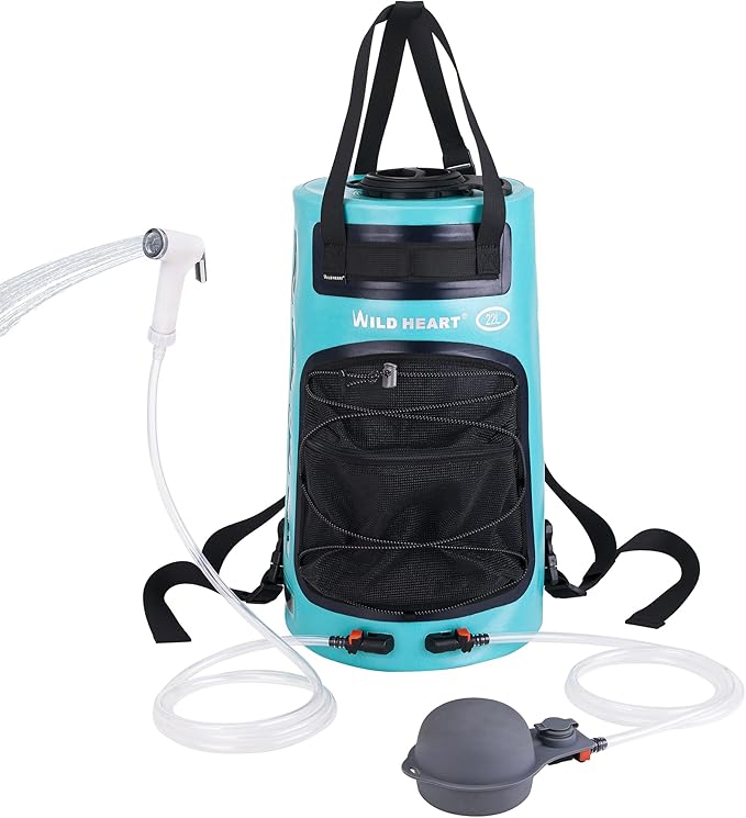 WILD HEART Camping Shower 22L/ 12L Portable Shower for Camping with Pressure Foot Pump and Hose - Solar Shower Bag Backpack for Camping, Road Trip & Outdoor Use
