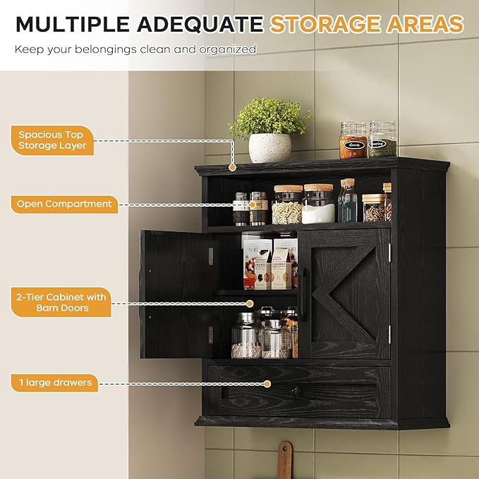 Bathroom Wall Cabinet, Wall Mounted Medicine Cabinet with Drawer, Barn Door & Adjustable Shelf, 24.4"H x 23.6"W x 9"D Black Over Toilet Farmhouse Storage Cabinet for Kitchen, Laundry, Entryway