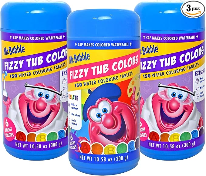 Mr. Bubble Fizzy Tub Colors Bath Water Coloring Tabelets, 6 Bright Colors, Red, Orange, Yellow, Purple, Blue and Green, Fragrance Free, Cap Makes Colorful Waterfall (3 Jars, 150 Tablets Each)