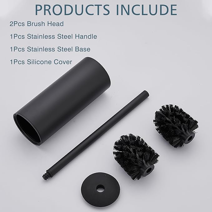 FORIOUS Toilet Brush and Holder Set Black, Heavy Duty 304 Stainless Steel Base and Long Handle Toilet Bowl Cleaners Brush, for Bathroom Storage and Organization, 2 Brush Head