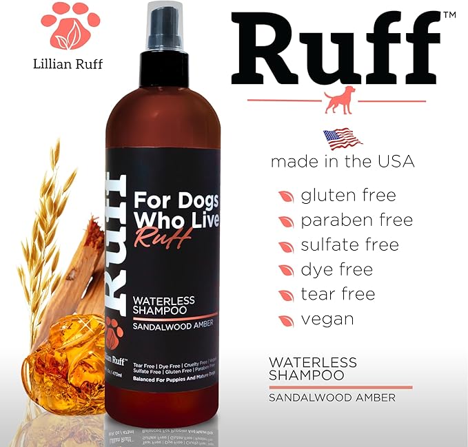 Ruff by Lillian Ruff No-Rinse Waterless Dog Shampoo Spray | Sandalwood Amber | Pet Deodorizer | for Cleaning, Conditioning, Detangling & Moisturizing Dogs & Cats | Safe for Puppies | USA Made