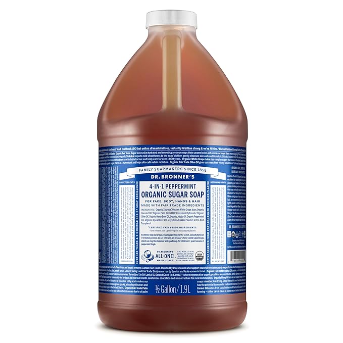Dr. Bronner's Organic Sugar Soap (Peppermint, 64 Ounce)- Made with Organic Oils, Sugar & Shikakai Powder, 4-in-1 Uses: Hand and Body Wash, Face, Hair- Cleanses, Moisturizes, Nourishes, Vegan