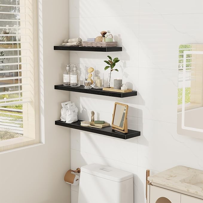 Fun Memories Black Floating Shelves Wall Shelf 24 Inch Long, Rustic Bathroom Shelves, Wall Mounted Wood Floating Shelf for Kitchen, Living Room, Bedroom, 24 x 6.7 x 1.4 inch Set of 3