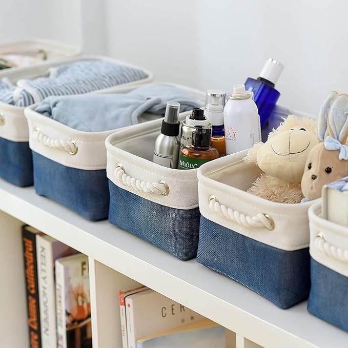 TheWarmHome Storage Basket for Organizing - Small 12x8x5.2 inch 6 Pack Collapsible Storage Bin for Shelves, Canves Storage Cubes for Organizer Cloth Box Gift Toys Closet (White & Jean Blue)