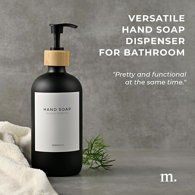 MaisoNovo Glass Hand Soap Dispenser | Dish Soap Dispenser for Kitchen | 16.9oz Black Bottles with Black Bamboo Pump | Bathroom Lotion Dispenser