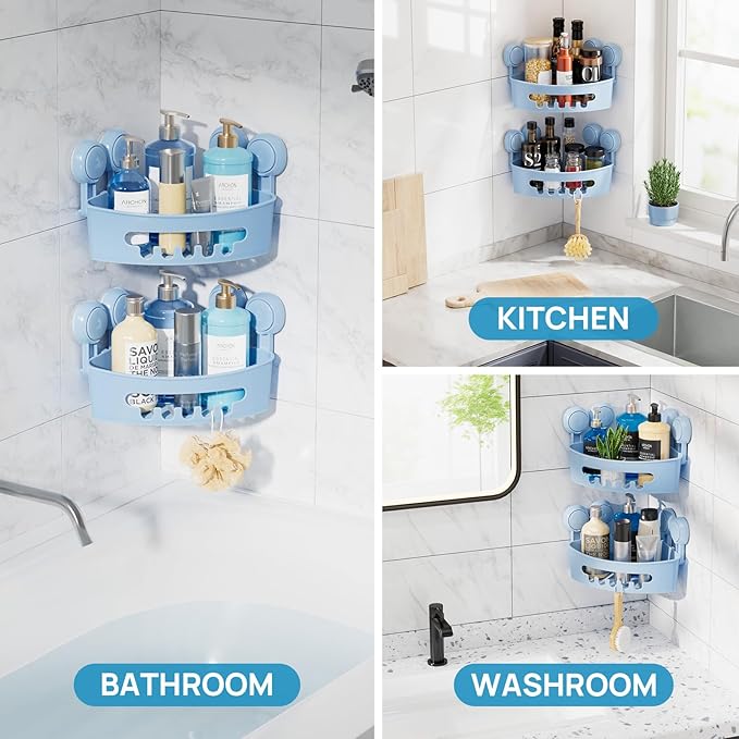LEVERLOC Corner Shower Caddy Suction Cup, shower shelves suction cup, 2 Pack Basket Powerful Bathroom, Waterproof & Oil-proof Organizer for Kitchen, No-Drilling Removable (Blue)