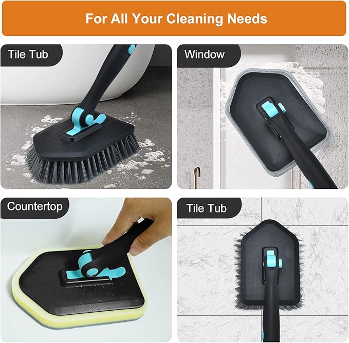Long Handled Scrub Brush for Shower,3-in-1 Cleaning Brushes with 3 Different Function Cleaning Heads Brush for Shower Cleaning Bathroom Kitchen Walls Tub Tile (Black)