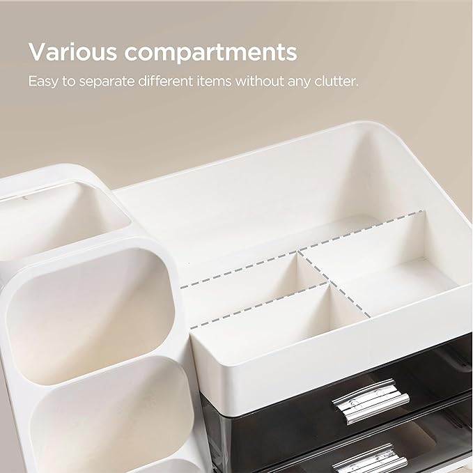 HBlife Makeup Organizer with Brush Holder for Vanity, Large Plastic Bathroom Countertop Organizer Skin Care Storage, Easy to Store Lipsticks, Nail Polishes, Perfumes, Eyeshadow Palettes, White